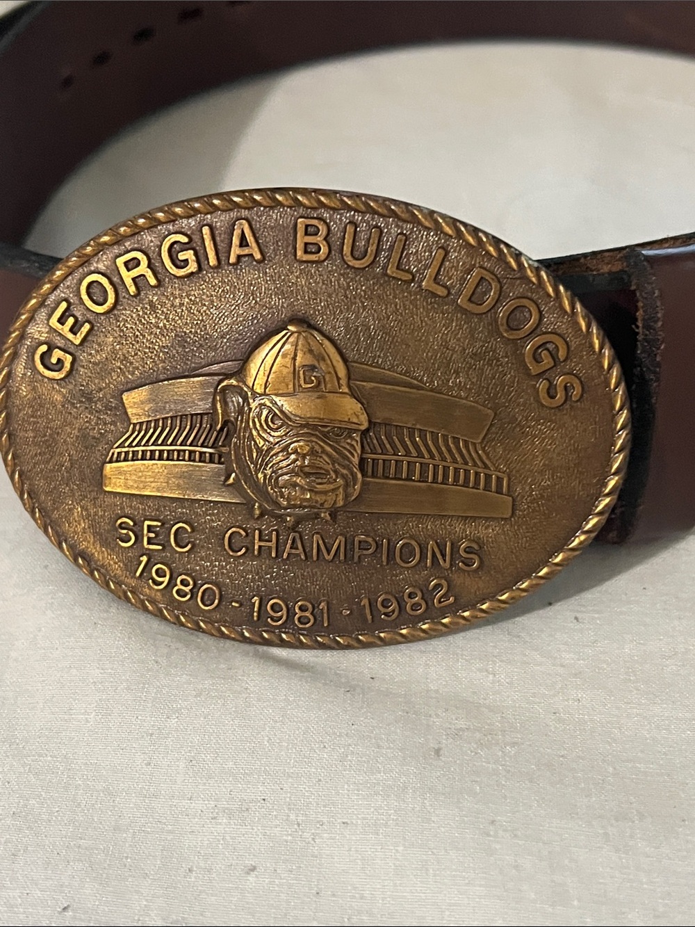 Georgia Bulldogs Vintage SEC Champions Brass Belt Buckle - Brown Leather